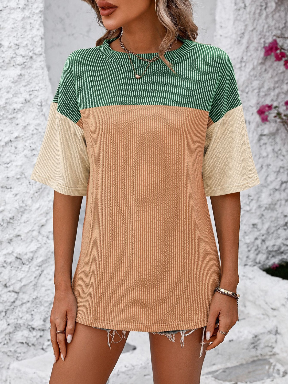 Color Block Round Neck Half Sleeve T-Shirt