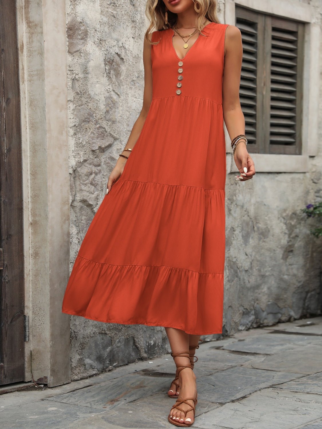 Decorative Button Notched Sleeveless Dress