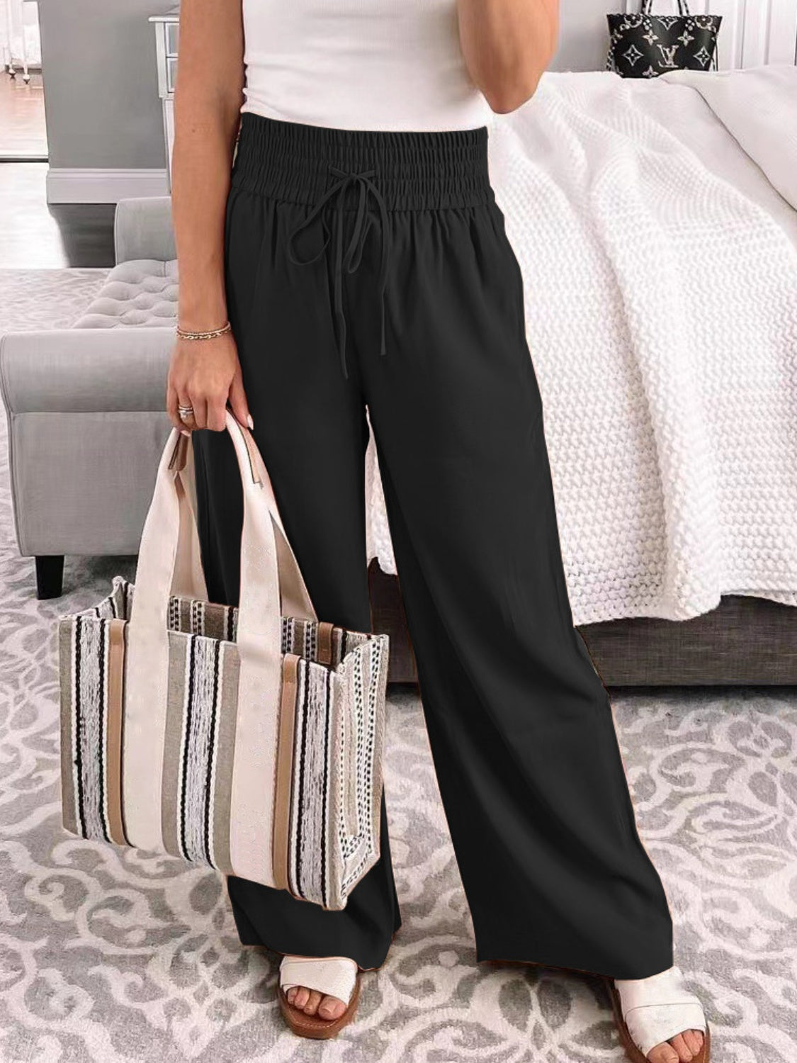 Full Size Drawstring High Waist Wide Leg Pants