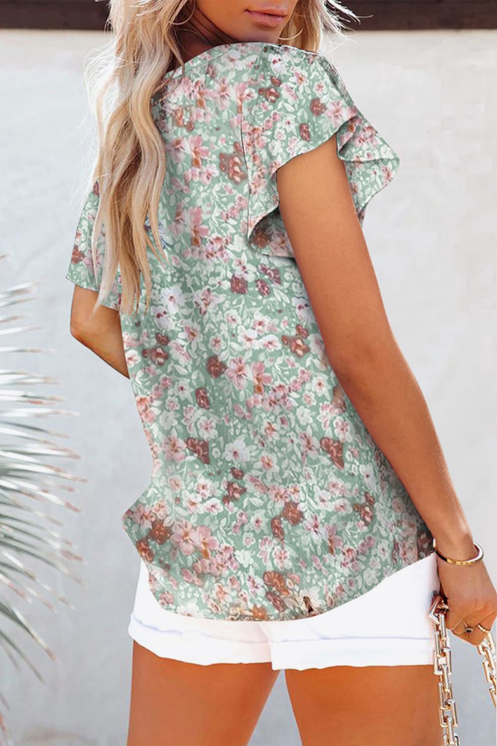 Floral V-Neck Flutter Sleeve Blouse