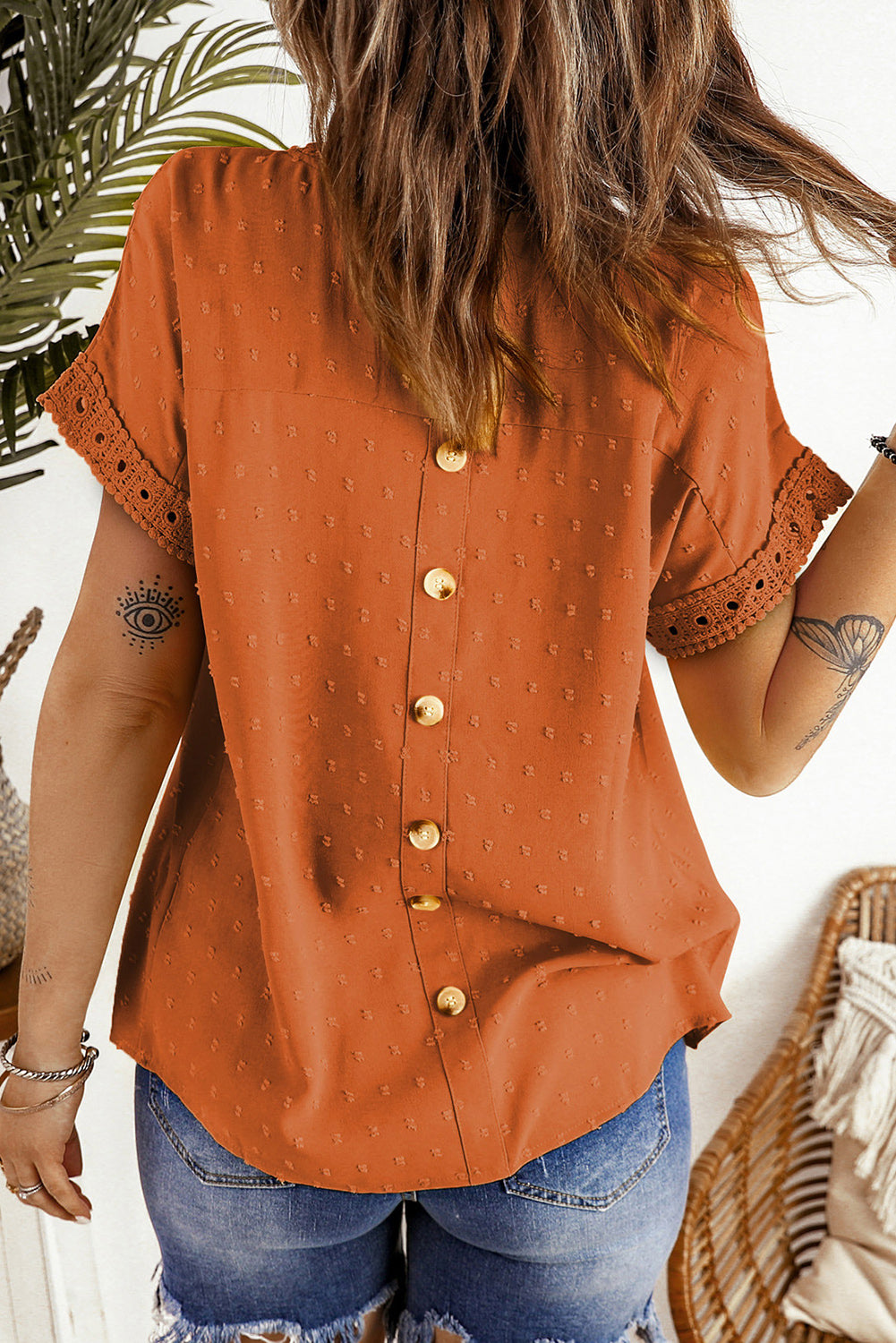 Swiss Dot Decorative Button Short Sleeve Blouse