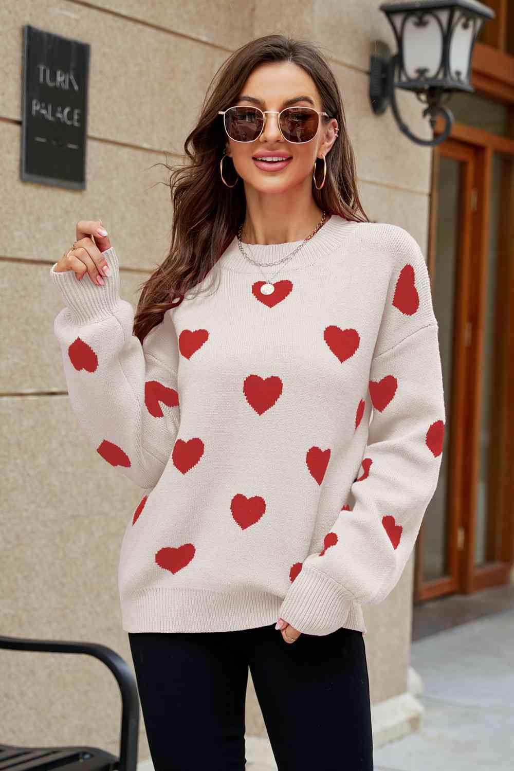 Woven Right Heart Pattern Lantern Sleeve Round Neck Tunic Sweater