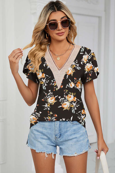 Floral V-Neck Short Sleeve T-Shirt