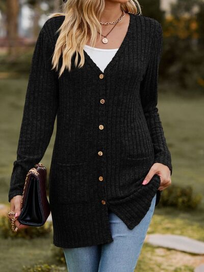 Ribbed Button Up Long Sleeve Cardigan