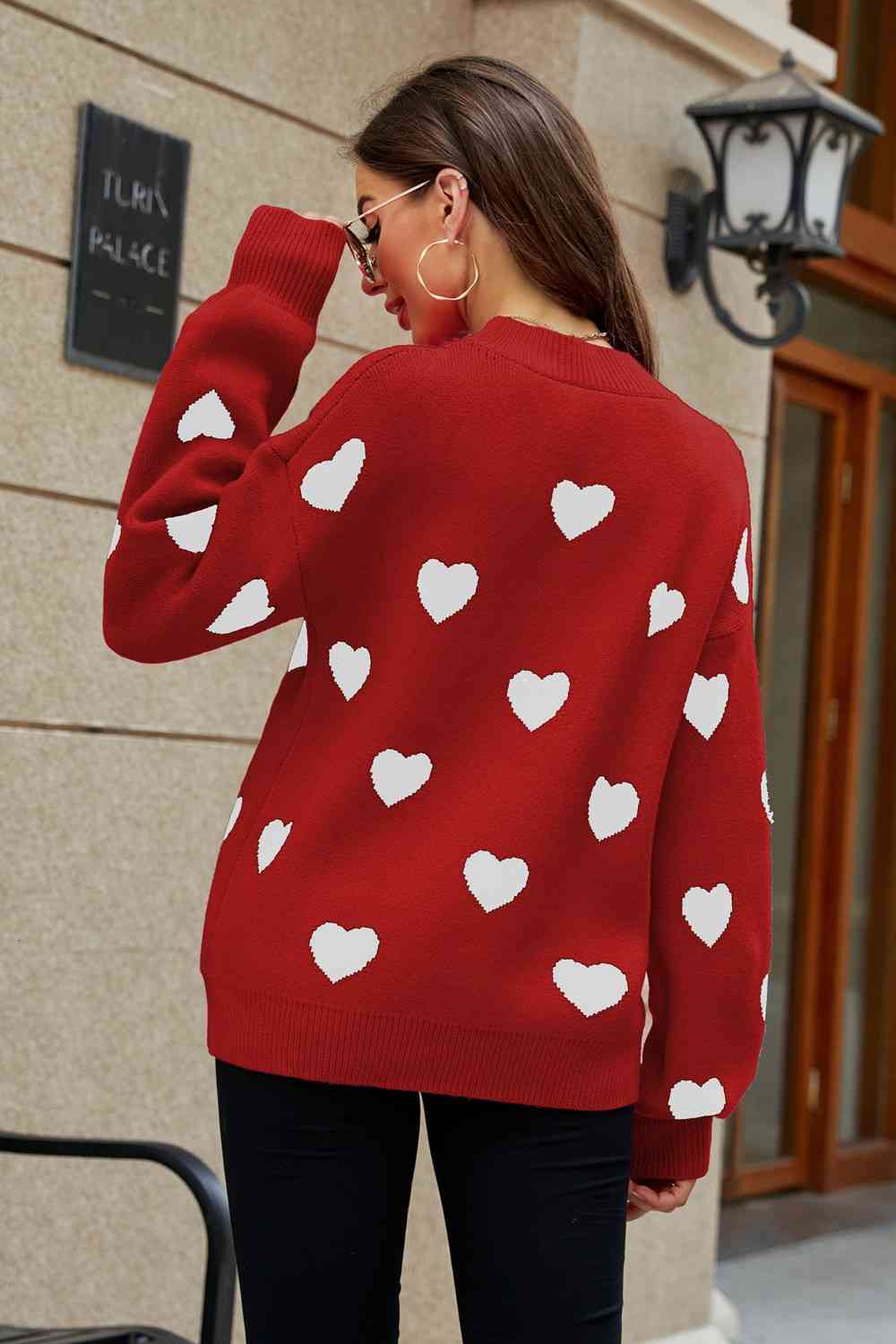 Woven Right Heart Pattern Lantern Sleeve Round Neck Tunic Sweater