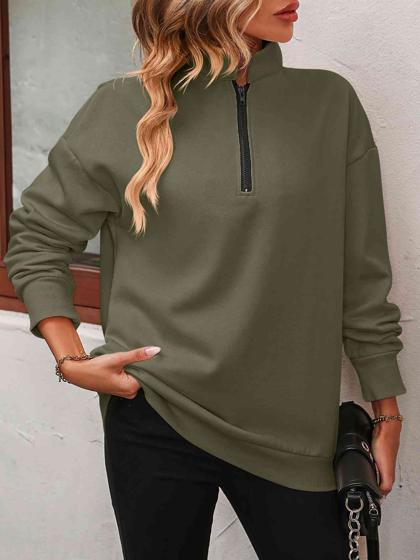 Zip-Up Dropped Shoulder Sweatshirt