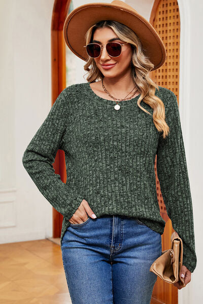 Ribbed Round Neck Long Sleeve T-Shirt