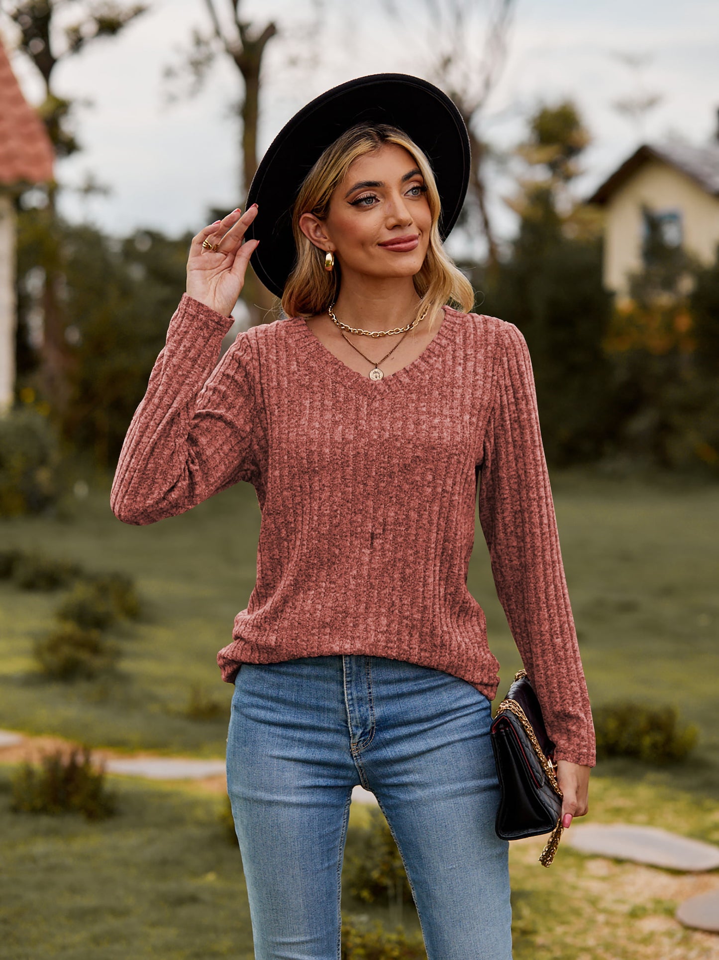 Ribbed V-Neck Long Sleeve Tee