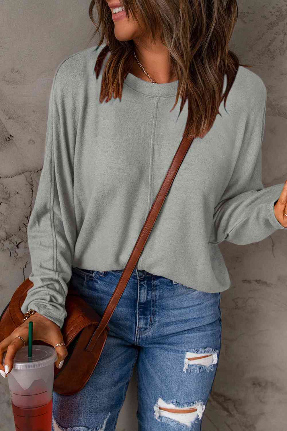 Seam Detail Round Neck Long Sleeve Top