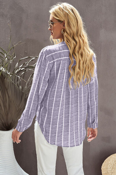 Striped Notched Long Sleeve Shirt