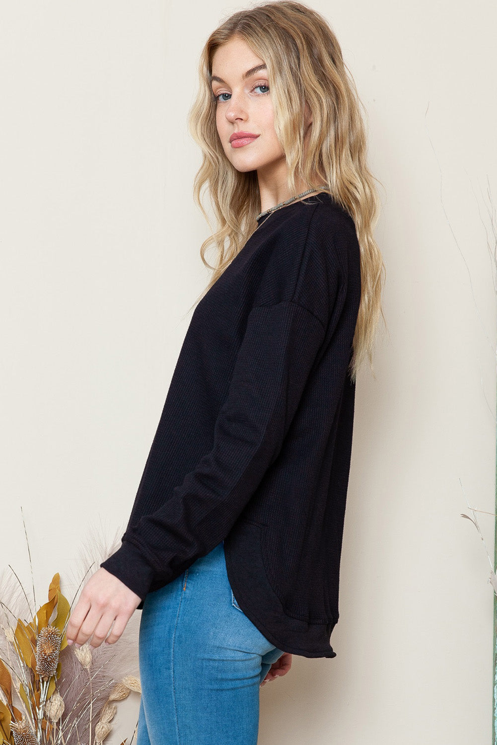 Waffle-Knit Crewneck Drop Shoulder Top